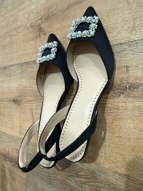 Adrienne Vittadini Black Pointed Slingback Flats with Crystal Buckle